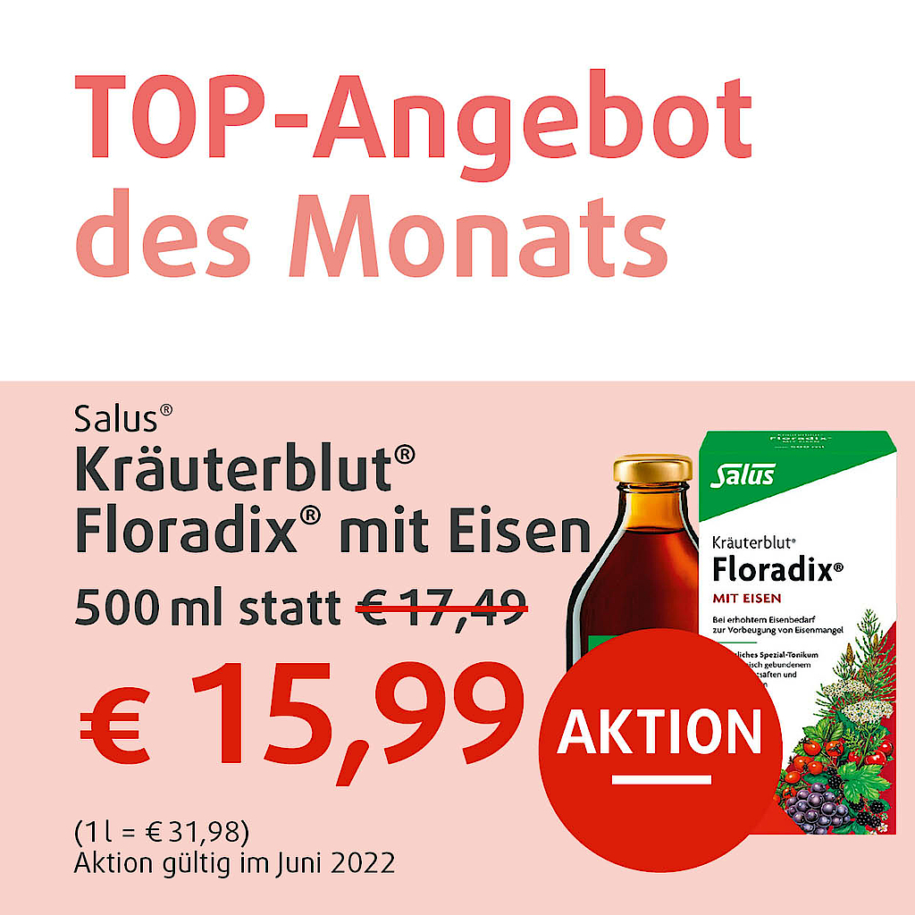 Top-Angebot des Monats, Floradix Kräuterblut von Salus, 500ml statt 17,49 Euro jetzt nur 15,99