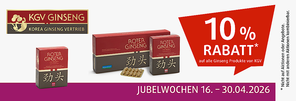 "Jubelwochen vom 16. bis 30. April: 10% Rabatt auf alle Ginseng Produkte von KGV in Ihrem Reformhaus DEMSKI!"