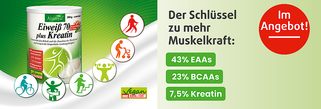 "Eiweiß 70 plus Kreatin von Alsiroyal im Mai im Angebot!"