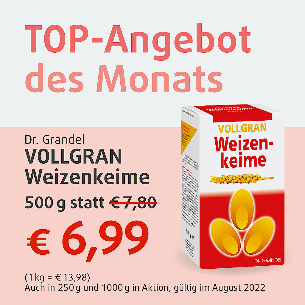 TOP-Angebot des Monats, Weizenkeime von Dr. Grandel, 500g statt 7,80 Euro jetzt nur 6,99 Euro