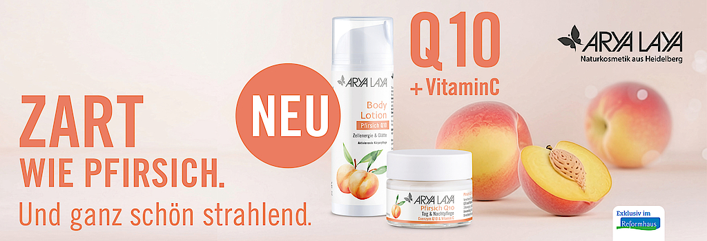 "Jetzt neu von ARYA LAYA: Pfirsich Q10, Bodylotion und Tag & Nachtpflege."
