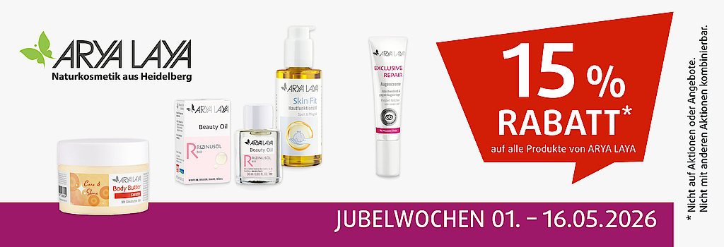 "Jubelwochen vom 01. bis 16. Mai: 15% Rabatt auf alle Produkte von ARYA LAYA in Ihrem Reformhaus DEMSKI!"