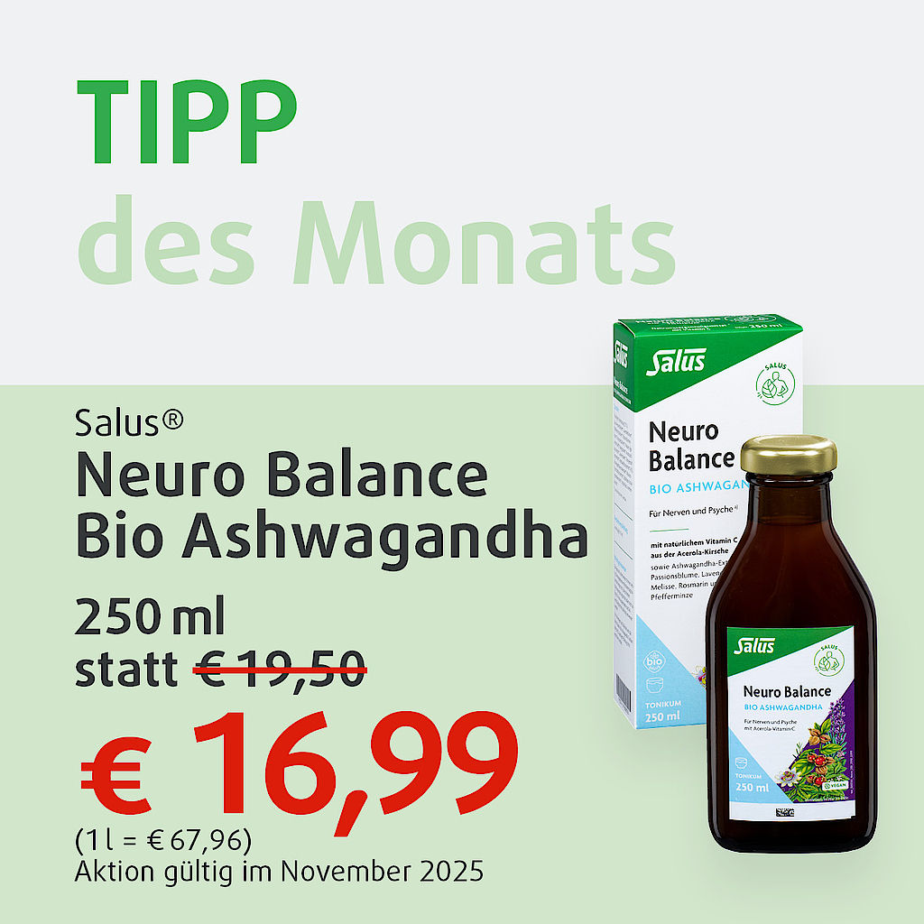 "Diesen November in Aktion: Salus Neuro Balance BIO ASHWAGANDHA 250 ml statt € 19,50 nur € 16,99"